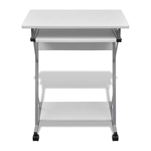 Teenpull Bureau d'ordinateur Compact Blanc avec Plateau Coulissant pour Clavier, Cadre en Acier, Surface 60 x 40 cm, roulettes Mobiles, Bureau de Bureau...