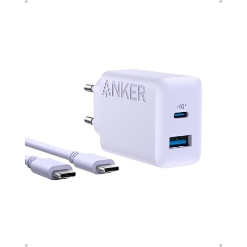 Anker Caricatore iPhone 20W USB C, rapido da parete compatibile con iPhone 17 Pro Max Air/16/15, iPad e altro (con cavo USB C da 150 cm) 1 pack Viola