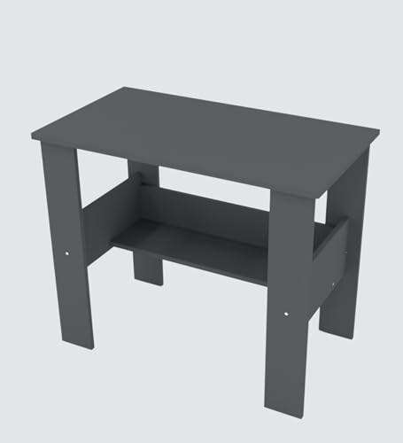 Image of Modern Compact Study Desk with Storage Shelf, Grey, Space-Saving Home Office Table, 90x50x74 cm, DIY Assembly
