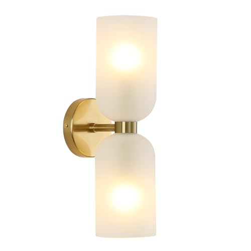 Image of EFINEHOME Minimalist 2-Light Gold Wall Sconces with Cylinder Glass Shades- Mid Century Vanity Wall Double Lights Hardwired- Modern Indoor Glass Wall Mounted Art Decor Lights (Frosted White, 1 Pack)