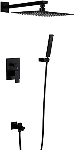 シャワーシステム隠された調整可能なシャワー蛇口セットシャワーヘッドシングルハンドルシャワーセットハンドシャワーと浴槽のスパウト、埋め込み箱、黒、10インチ、クロム8インチ