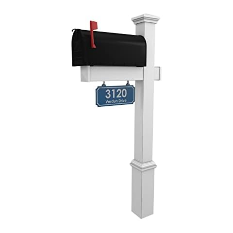 4Ever Products Vinyl Mailbox Post System - Includes Black Steel Mailbox and Custom Address Plate (Blue) Cover