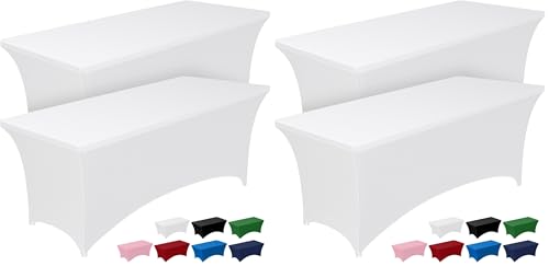 Image of Pureegg Spandex Tablecloth 6ft - 4 Pack, Fitted and Tight Cloth for Rectangle Table, Wrinkle-Free and Stretch Table Cover for Party, Wedding, Banquet and Birthday, White
