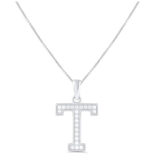 Sterling Silver CZ Initial T Necklace for Women Letter Pendant with Chain