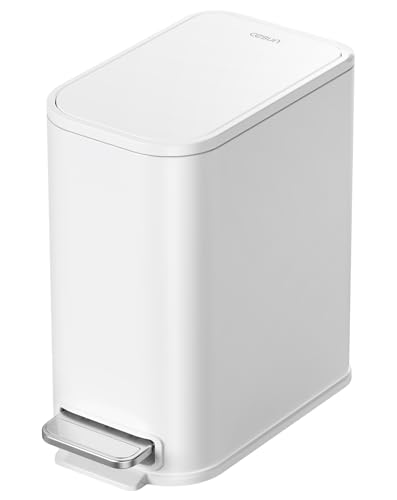 Cesun Small Bathroom Trash Can with Lid Soft Close, Step Pedal, 5 Liter / 1.3 Gallon Stainless Steel Garbage Can with Removable Inner Bucket, Waste Basket for Bathroom, Bedroom (White)