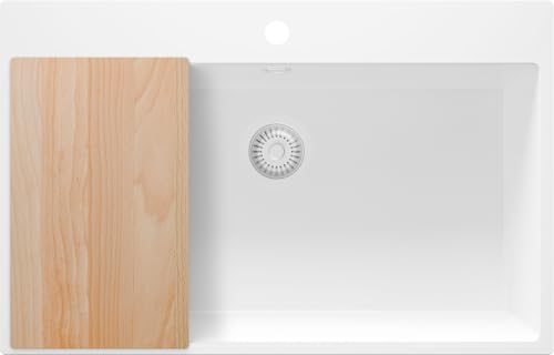 PRIMAGRAN Evier Cuisine en Granit Tout Blanc 78x50cm, Lavabo 1 bac + Kit de Vidage + Planche à Découper, Évier à Encastrer al mueble 80cm - Riga S436