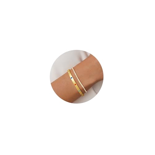 Bracelet for Women - Dainty Stack Bracelets Trendy Adjustable 14K Gold Plated Thin Paperclip Bead Box Satellite Figaro Cuban Link Chain Bracelet Set for Women Waterproof Jewelry Gift