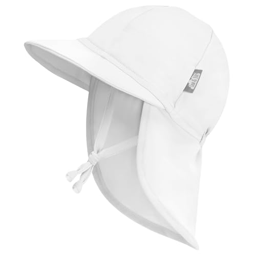 JAN & JUL Baby Sun-Hat with Neck Flap, Breathable Beach Cap with Strings for Swimming (White, Size M: 6-24m)