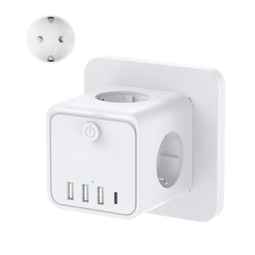 Cubo Enchufe USB 7 en 1, Ladron Enchufes Múltiple Tomas Regletas Enchufes Cubo con 3 AC 16A, 3 USB-A y 1 USB-C 3A, Cubo Enchufe Multiple con Interruptor, para Oficina, Cocina y Habitación (Blanco)