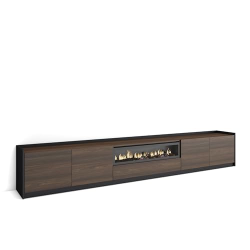 Skraut Home | Mueble TV | Muebles de salón, almacenaje | 310x50x37 cm | para televisión hasta 80' | Chimenea eléctrica | Estilo Moderno | Roble Oscuro y Negro