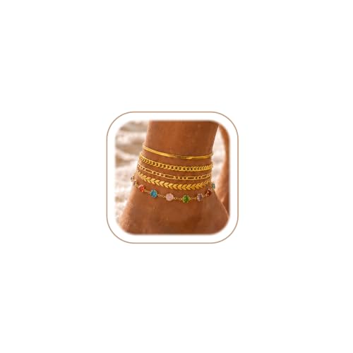Image of iF YOU Gold Ankle Bracelets for Women, 14k Gold Plated Waterproof Cuban Link Chain Anklets Set, Layered Anklet Bracelets for Women Beach Gift Adjustable Size 5pcs