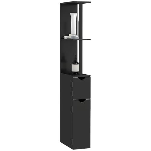 kleankin Columna de Baño con 2 Estantes y 2 Armarios, MDF Armario de Baño Alto que Ahorra Espacio, 15.2x29.8x118cm, Negro