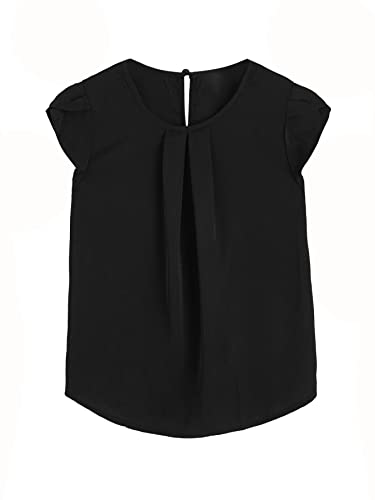 Milumia Girl's Pleated Crew Neck Petal Cap Sleeve Blouse Curved Hem Keyhole Tops Black 8 Years #TOP28