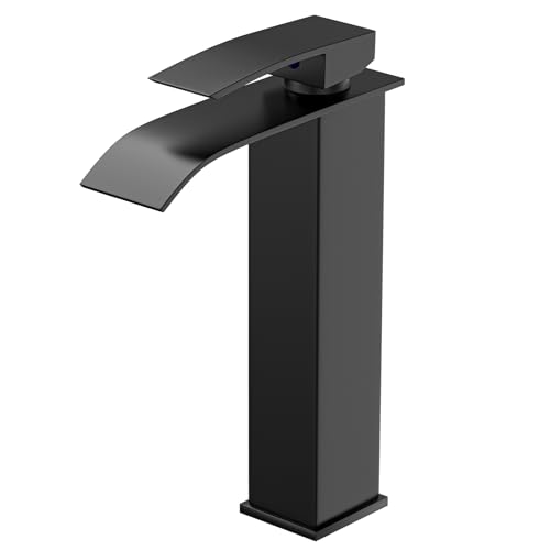 Nexora Rubinetto per Lavabo a Cascata - Miscelatore Lavabo Bagno Monocomando, Design Moderno, Rubinetto Bagno Cromato per Acqua Calda e Fredda, Risparmio Idrico (Nero - Alto)
