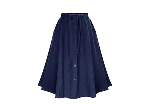 Women's High Waist Button Pleated Midi Skirt with Elastic Waist Knee Length Denim Skirt