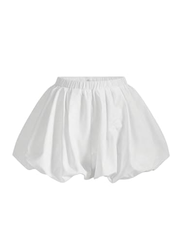BEAUDRM Women's Y2K Bubble Shorts Elastic High Waist Ruffle Shorts Summer Fashion Wide Leg Bloomers White Small