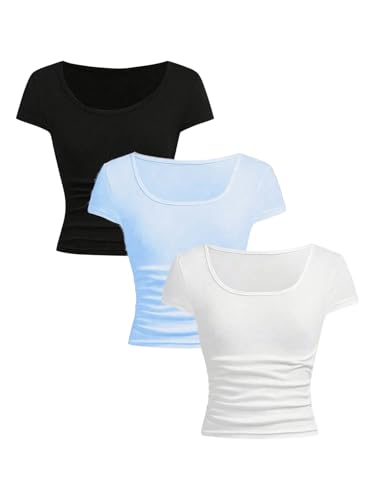 Image of SOLY HUX Girl's Short Sleeve T Shirts 3 Piece Basic Scoop Neck Tees Slim Fit Casual Summer Tops