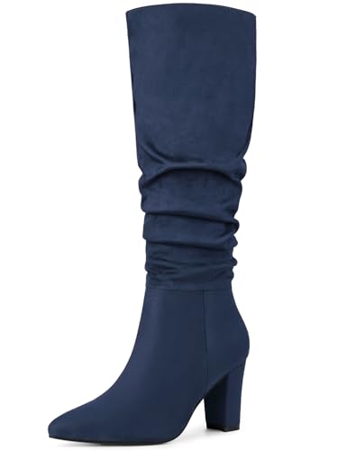 Allegra K Women's Slouch Pointed Toe Chunky Heel Navy Blue Knee High Boots 7 M US