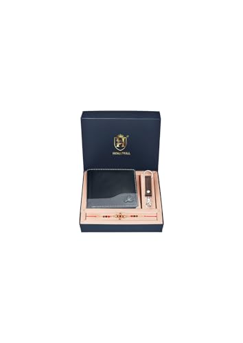 Image of HORNBULL Rakhi Gift Hamper for Brother - Buttler Black Men's Leather Wallet, Keyring and Rakhi Combo Set for Brother | Wallet with Rakhi