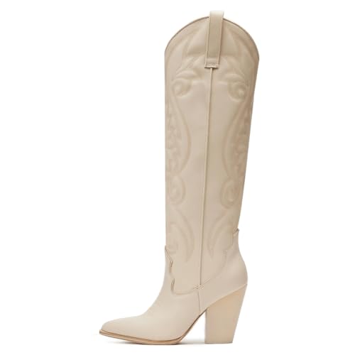 VOMIRA Knee High Cowboy Boots for Women Pointed Toe Chunky High Heels Pull-on Embroidered Boots Western Boots Wide Calf Cowgirl Boots