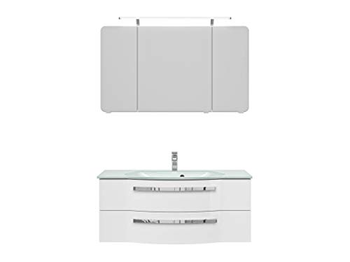 Pelipal FOKUS 4005 Bad Möbel Set (3 teilig) / polarweiß Hochglanz, Spiegelschrank, Glaswaschtisch, Unterschrank, LED Beleuchtung