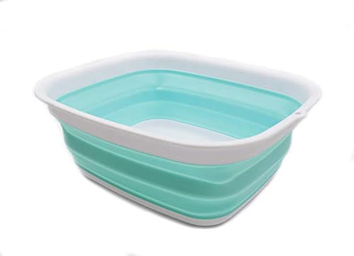 Image of SAMMART 9.45L (2.5 Gallon) Collapsible Tub - Foldable Dish Tub - Portable Washing Basin - Space Saving Plastic Washtub (White/Lake Green, M)
