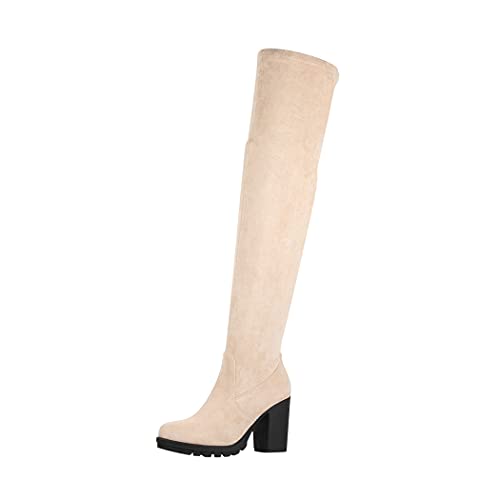 Elara Damen Stiefel Overknee High Heels Absatz Chunkyrayan E4835 Beige-38