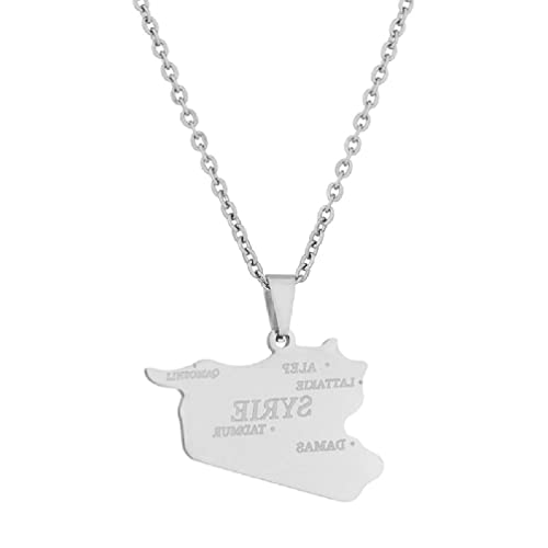 Hyclam Collier de carte de la Syrie Collier de symbole de Syriens simples avec le nom de la ville Bijoux Acier inoxydable Collier pendentif Syrie Carte Syrie