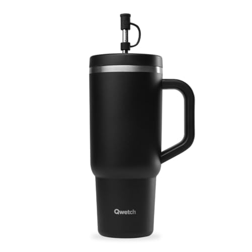 QWETCH - Travel Cup 900ml avec Paille & Anse - 48h Glacé / 12h Froid - Gourde Isotherme Inox Recyclé - Mug avec Bouchon à Vis Anti-Éclaboussures - Tasse Thermo - Noir