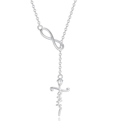 FANCIME White Gold Plated 925 Sterling Silver High Polished Infinity Cross Pendant Lariat Necklace Y Necklace Easter Gift for Women Girls, 18