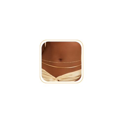 CHESKY 14K Gold Plated Waist Chain for Women Layered Belly Belt Chains Beach Waist Beads Chain Waterproof Herringbone Snake Body Chain Summer Jewelry Accessories for Women
