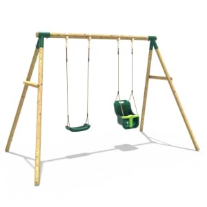 Rebo® Children's Wooden Garden Swing Set - Luna | OutdoorToys | Pressure Treated Timber, Soft Feel Ropes, Baby Swing Seat and Regular Seat, Sturdy Construction