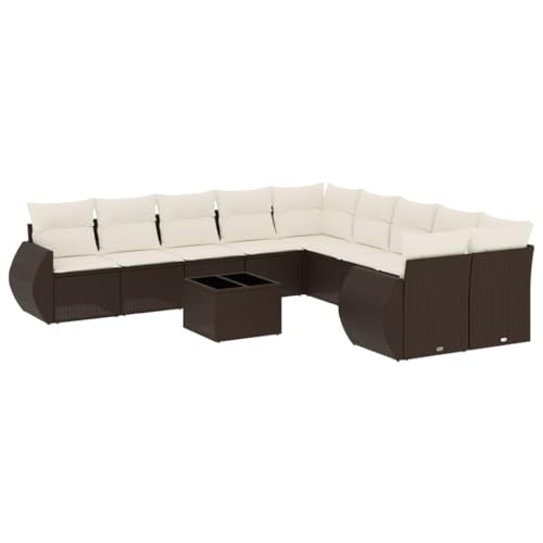 vidaXL Garten Sofa Garnitur 11-TLG., Gartenmöbel Set mit Kissen, Sitzgruppe für Garten Terrasse, Modular Gartensofa Lounge Tisch, Braun Poly Rattan