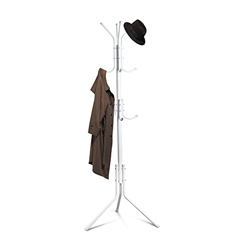 LASIEYO Coat Rack with 12 Hooks, 5.6ft Free-Standing Coat Rack Metal Stand, Simple Houseware Standing Coat and Hat Hanger Organizer Rack,Purse, Home or Office Floor Hanger Hand-Bag, Cloth, Hat (White)