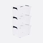 BARGAIN FACTORY 3 x Clear Plastic Storage Container Large Boxes With Lids, Closing Clips and Wheels 43L Integrated Handles Stackable BPA Free Box For Bedroom Office Living Room Kitchen