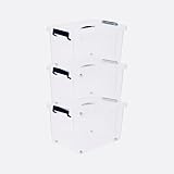 BARGAIN FACTORY 3 x Clear Plastic Storage Container Large Boxes With Lids, Closing Clips and Wheels 43L Integrated Handles Stackable BPA Free Box For Bedroom Office Living Room Kitchen