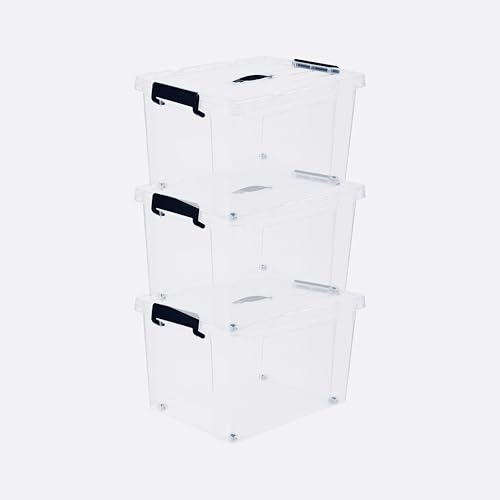 BARGAIN FACTORY 3 x Clear Plastic Storage Container Large Boxes With Lids, Closing Clips and Wheels 43L Integrated Handles Stackable BPA Free Box For Bedroom Office Living Room Kitchen