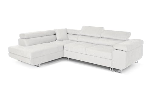 COMFORTINO FURNITURE Ecksofa mit Schlaffunktion PASTI L-Form, Sofa Couch mit Bettkasten, 3-Sitzer Eckcouch, Schlafsofa für Wohnzimmer, Big Sofa Couch mit Schlaffunktion (Bouclé Weiß, Ottomane Links)