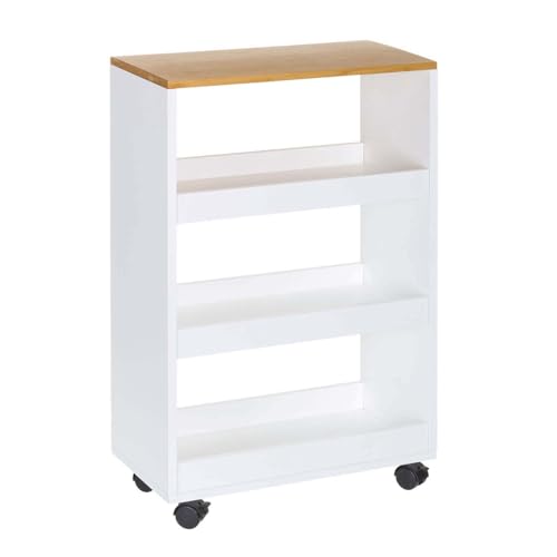 LEKE GO Carro Verdulero Estantería con Ruedas de Madera Blanco y Natural Nordico para Cocina, Frutero con Ruedas