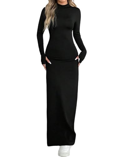 SweatyRocks Kleid Damen Lang Elegant Maxikleid Rollkragen Freizeitkleid Figurbetont Partykleid Bleistiftkleid Langarmkleid Ausgehkleid Schwarz M