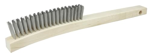 Image of Weiler 44057 0.012 inch Wire Size, 6 inch Brush Length, 14 inch X 1-1 /8 inch Block Size, 4 X 18 No. of Rows, 302 Stainless Steel Bristles, Hardwood Block, Curved Handle Scratch Brush, Made in The USA (Pack of 12)