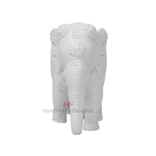 Image of Handicrafts Paradise 2.75 Inch White Marble Elephant Showpiece Hand-Made Elephant Figurine Design Vastu Decor Statue for Home Office Table Showpiece and Gift Item