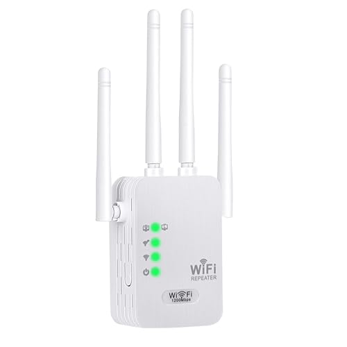 Repetidor WiFi Potente Amplificador de señal WiFi 1200Mbps,4 Antenas,2 Puertos LAN,Modo Repetidor/Router/Ap,Cobertura 360° de hasta 1000 m²,Adecuado para Oficinas y Casa,Fácil de Instalar (300M)