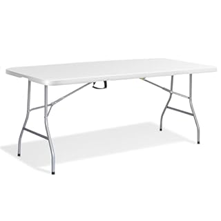 KEPLIN 6ft Folding Table with White Wood Slate Patterned Top, 180x70x74cm – Sturdy Metal Frame, Waterproof, Portable & Easy Assembly – Ideal for Parties, BBQs, Camping (White).