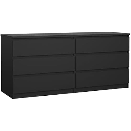 Tvilum 6 Drawer Double Dresser, Bedroom Furniture, Handle-free Drawers, 3D Interactive Assembly Instructions, Contemporary, Black