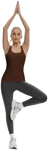 Gxpok Workout Tank Tops for Women with Built in Bra, Ribbed Athletic Gym Shirts Racerback Yoga Workout Tops Coffee Brown - 4