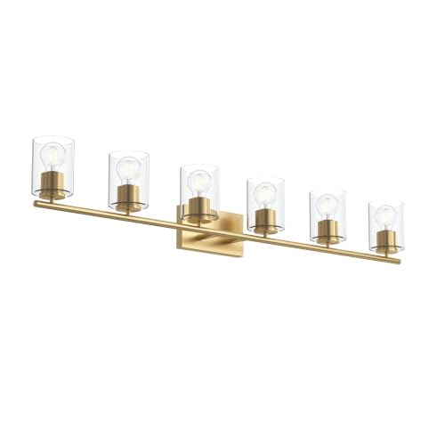 Image of Progress Lighting Replay 48 Inch 6-Light Vanity Light, Transitional, Brushed Gold with Clear Glass Shades, (7.875 inch H x 48 inch W x 6 inch D), P300585-191