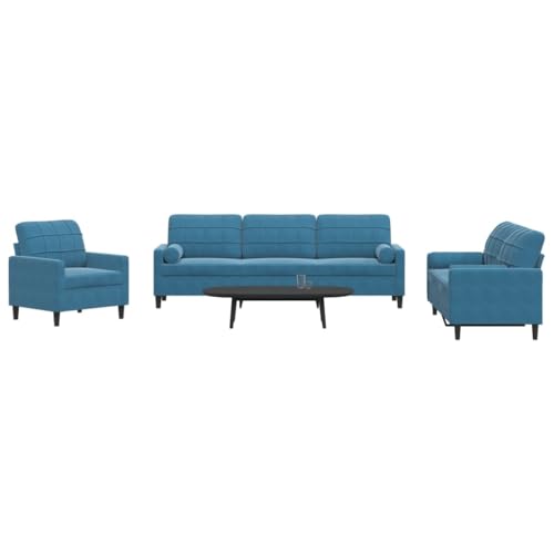 MOBCANT 3-TLG. Sofagarnitur mit Kissen und Nackenrollen Blau Samt Wohnlandschaft Couch Polstergarnitur Schlafcouch für Hotel Wohnzimmer Schlafzimmer Wohnung