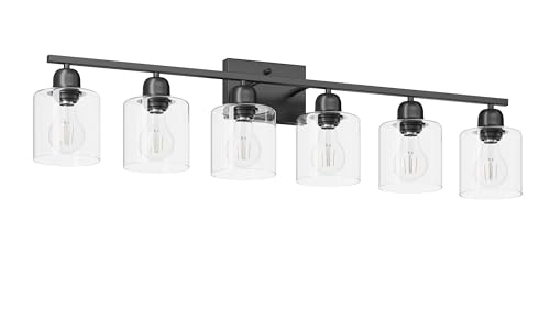 Image of Black 6-Light Bath Vanity Lights for Mirror, Restroom Lights Fixtures with with Clear Glass Shades,Bathroom Over Sink Light Fixtures, Bathroom Light Fixtures Over Mirror