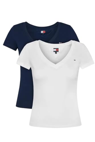 Image of Tommy Jeans Womens Tjw 2pack V-Neck Tee Dw0dw21367 S/S T-Shirt, Multi (Ecru/Dark Night Navy), L UK